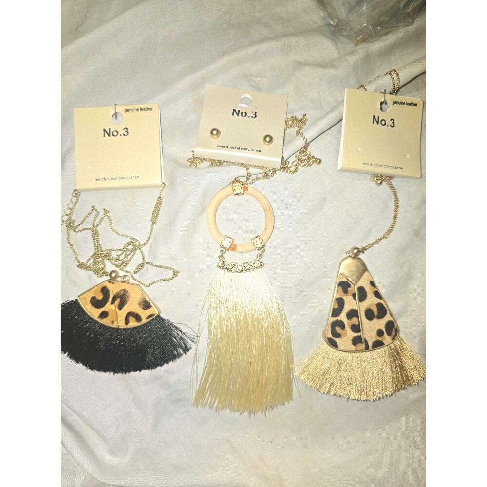 No.3 Lot of 3  Cable NWT Chain Tassel Pendant long  Necklaces Leopard Print